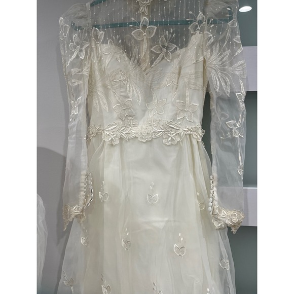 Vintage 80s Victorian Revival Wedding Dress Ivory High Neck Sheer Lace Illusion - Picture 5 of 16